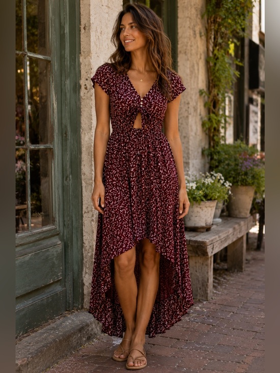 Abercrombie & Fitch Dresses & Skirts - Abercrombie & Fitch Floral High Low Midi Dress L Burgundy White Tie Front Cutout